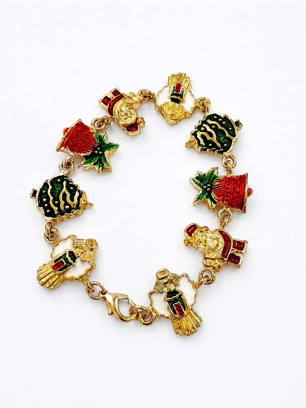 Christmas Charm Bracelet Gold Tone Enamel Santa Bells Trees Holiday